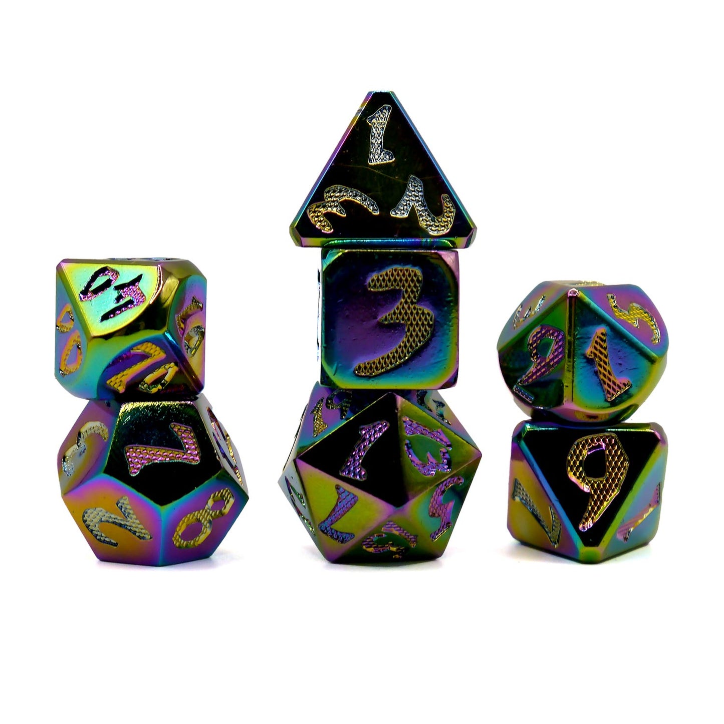 7-teiliges RPG Würfelset Metall: Rainbow Dragon Scale Font