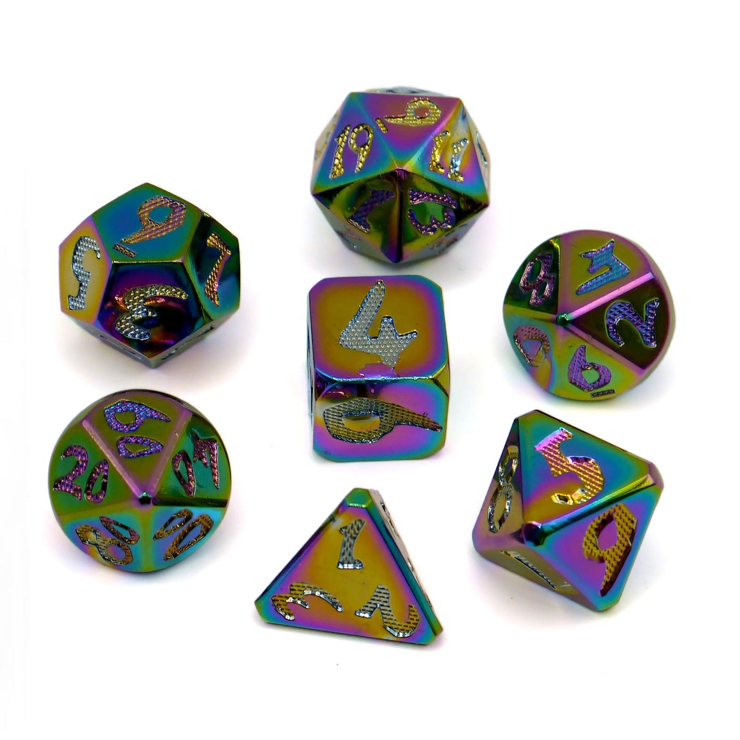 7-teiliges RPG Würfelset Metall: Rainbow Dragon Scale Font