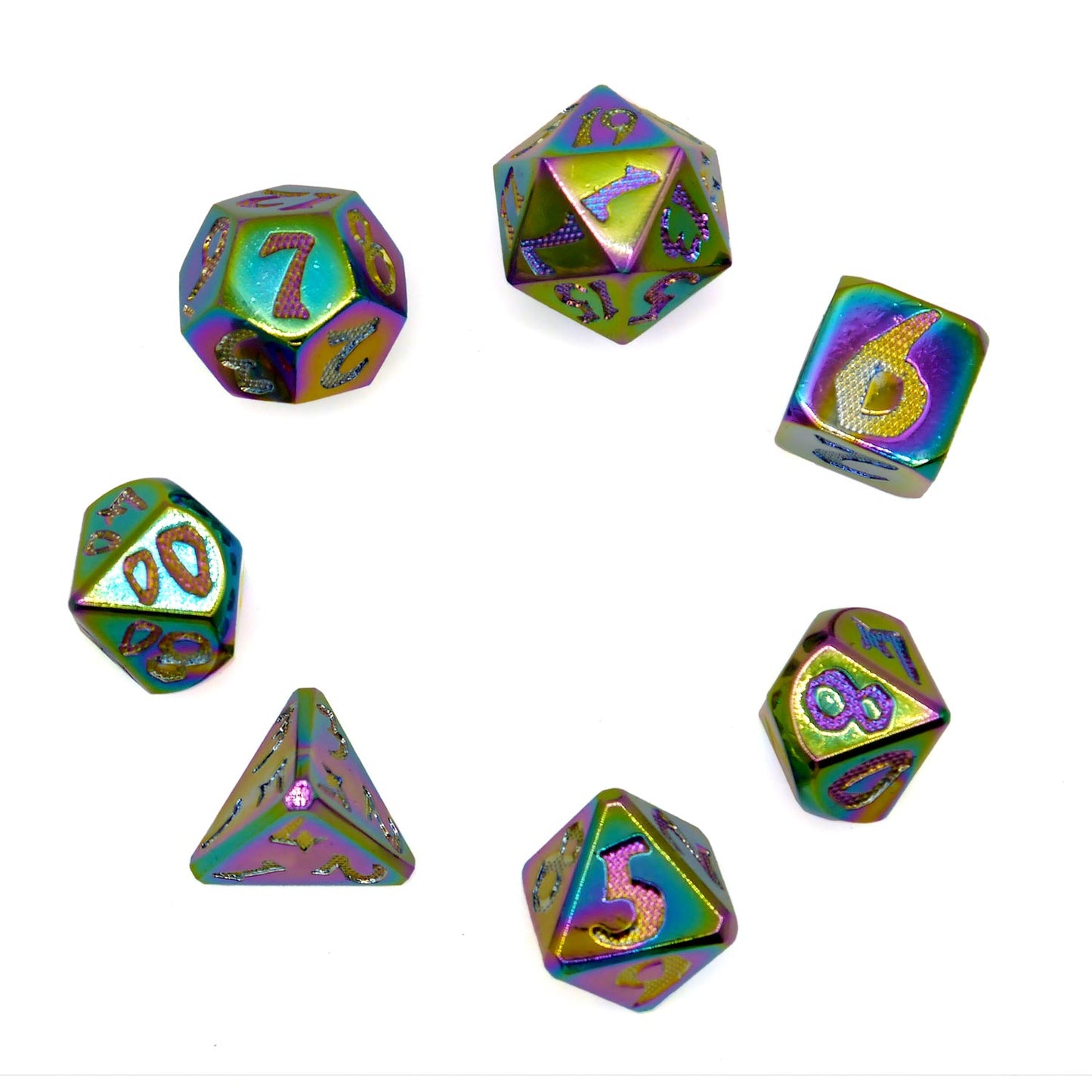 7-teiliges RPG Würfelset Metall: Rainbow Dragon Scale Font