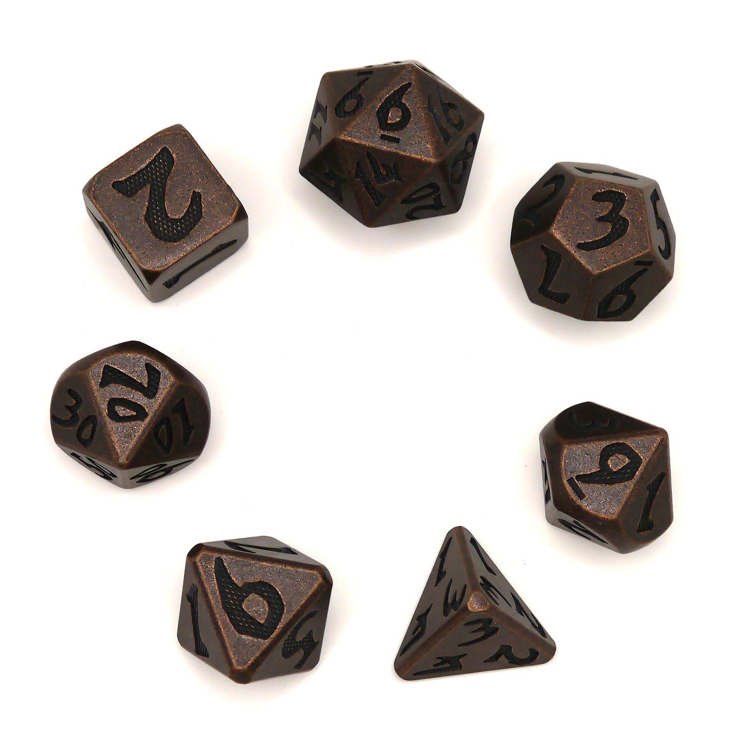 7-teiliges RPG Würfelset Metall: Brown Dragon Scale Font