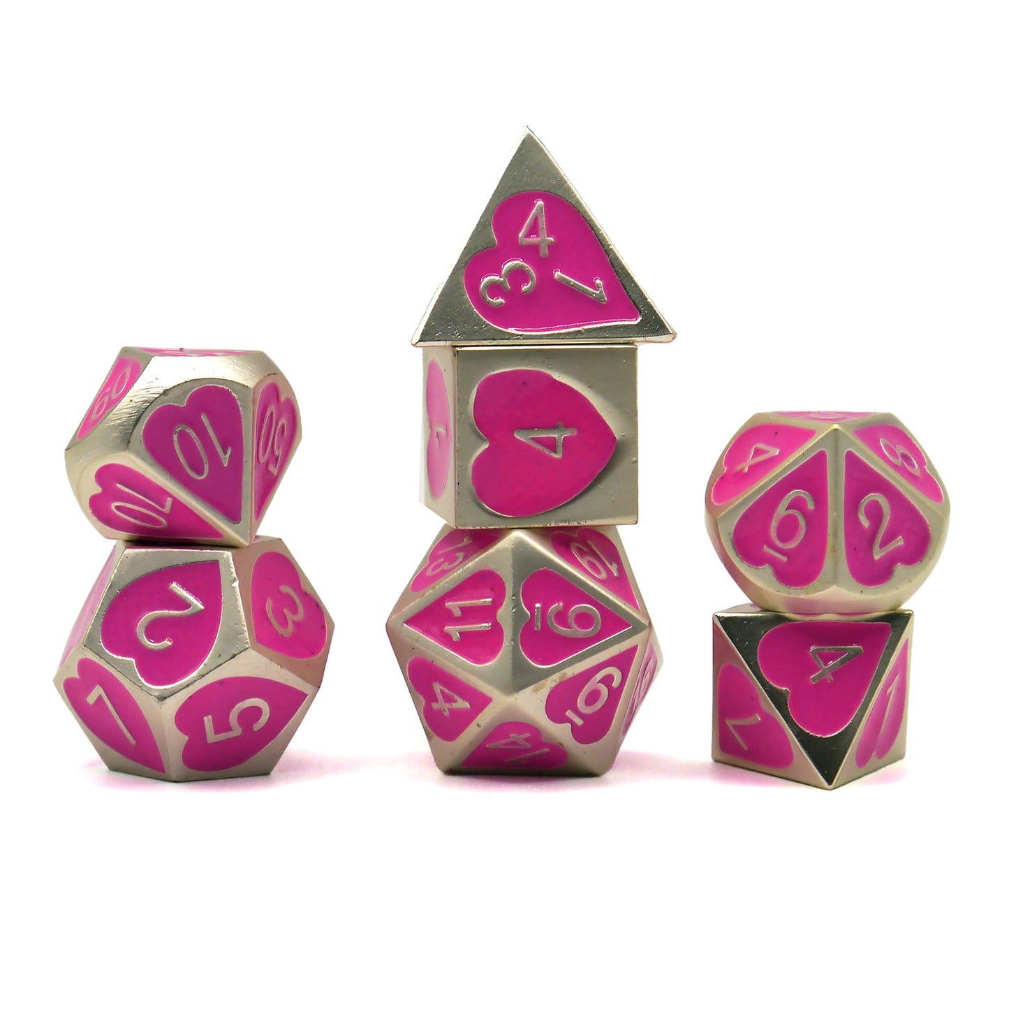 7-teiliges RPG Würfelset Metall: Heart Embossed Pink