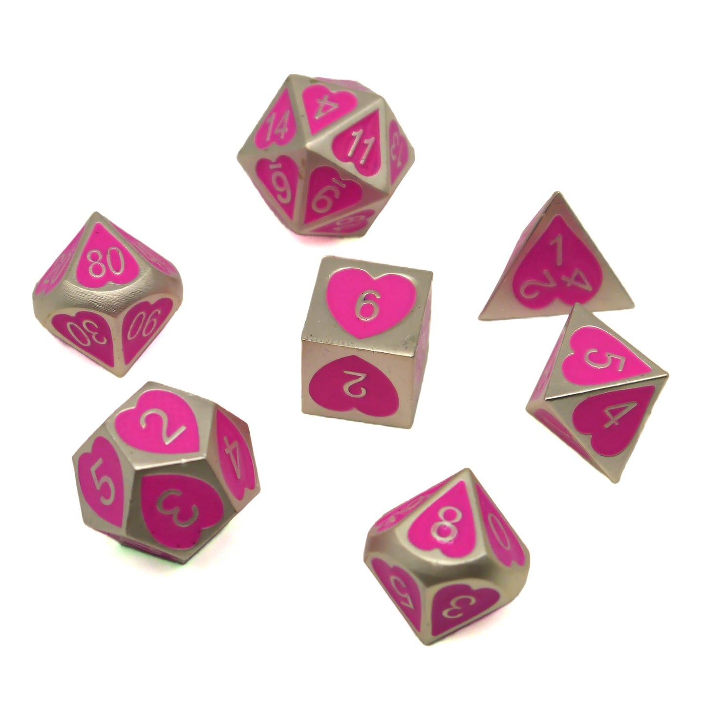 7-teiliges RPG Würfelset Metall: Heart Embossed Pink
