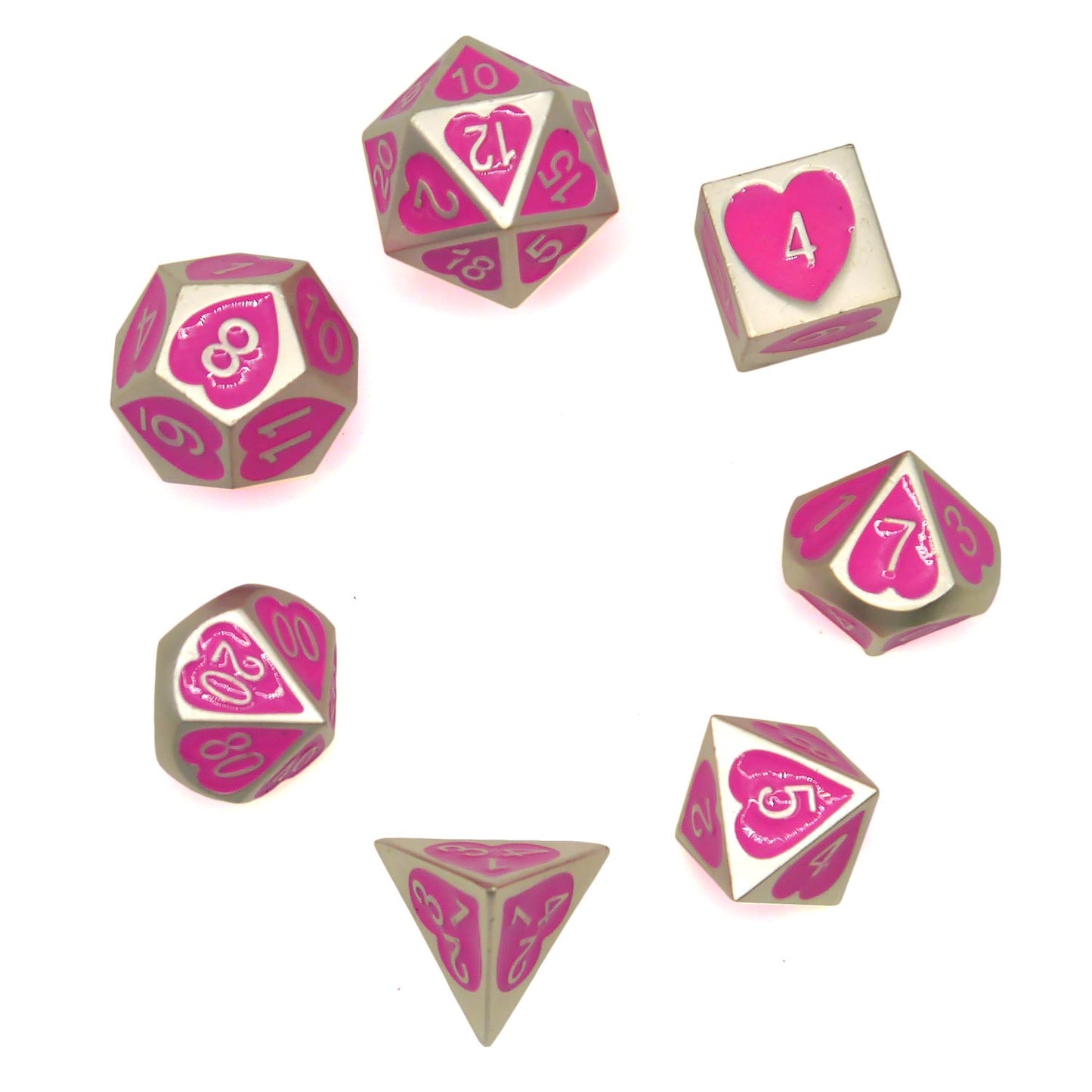 7-teiliges RPG Würfelset Metall: Heart Embossed Pink
