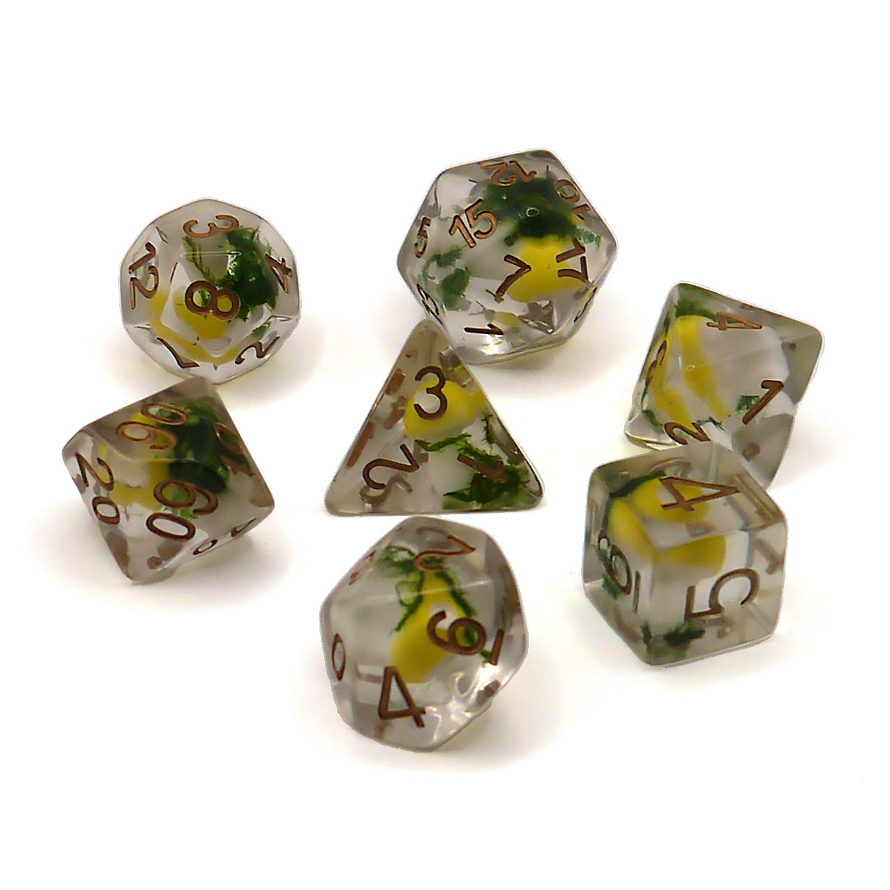 7-teiliges RPG Würfelset Transparent: Mushroom Yellow