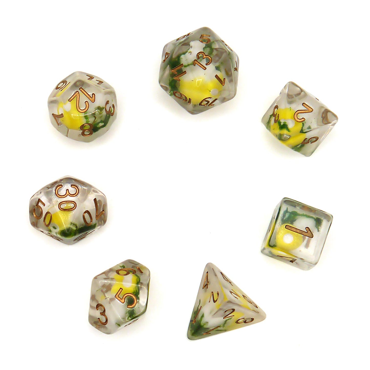 7-teiliges RPG Würfelset Transparent: Mushroom Yellow