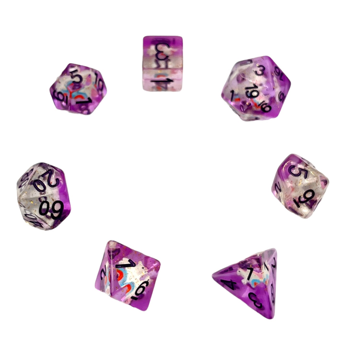 7-teiliges RPG Würfelset Transparent: Purple Unicorn