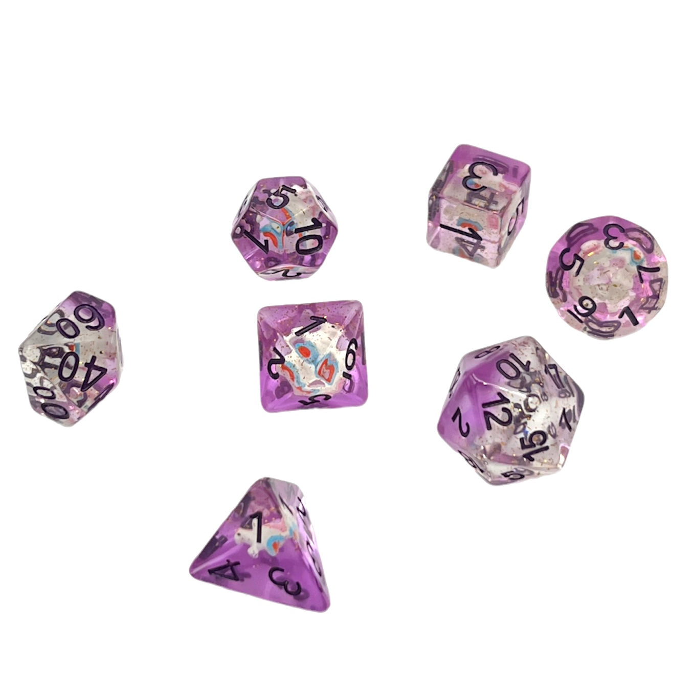 7-teiliges RPG Würfelset Transparent: Purple Unicorn