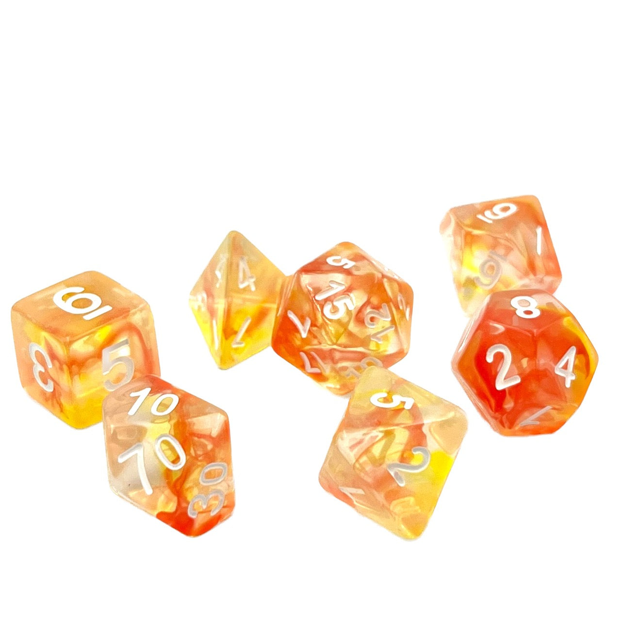 7-teiliges RPG Würfelset Transparent: Orange Swirl