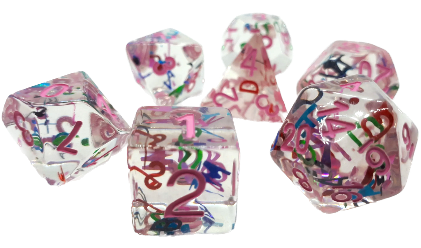 7-teiliges RPG Würfelset Transparent: Letters Pink