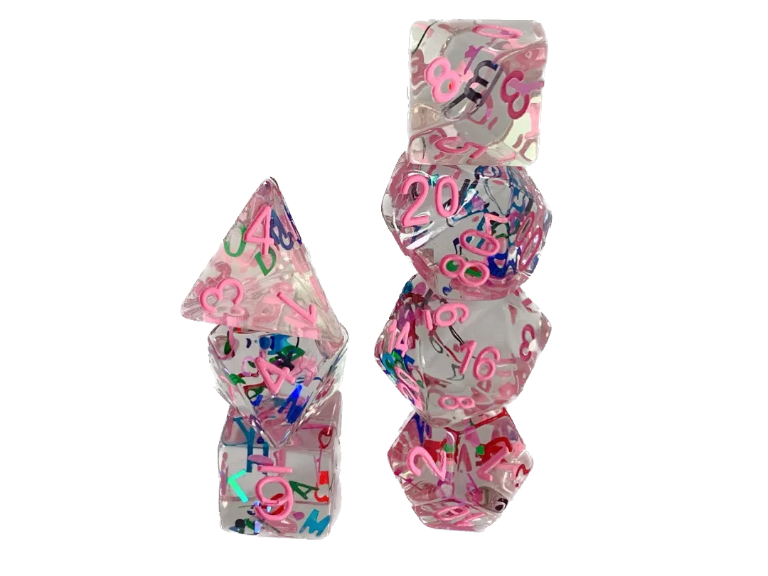 7-teiliges RPG Würfelset Transparent: Letters Pink