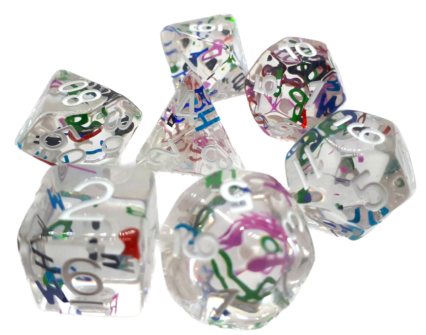 7-teiliges RPG Würfelset Transparent: Letters White