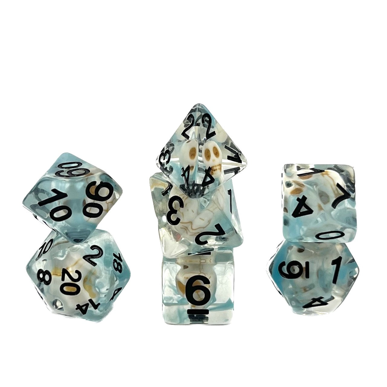 7-teiliges RPG Würfelset Transparent: Nebula Blue Skull