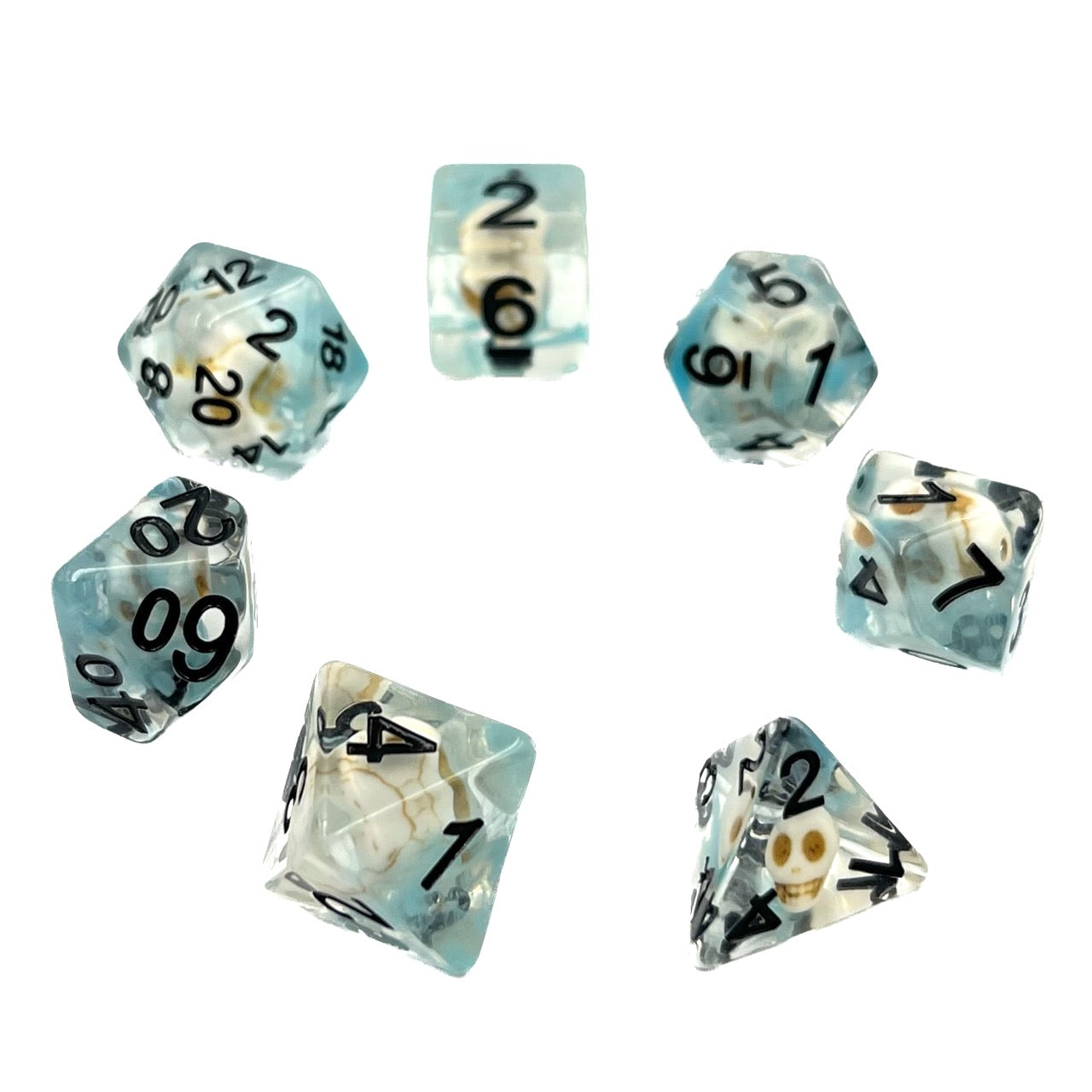 7-teiliges RPG Würfelset Transparent: Nebula Blue Skull