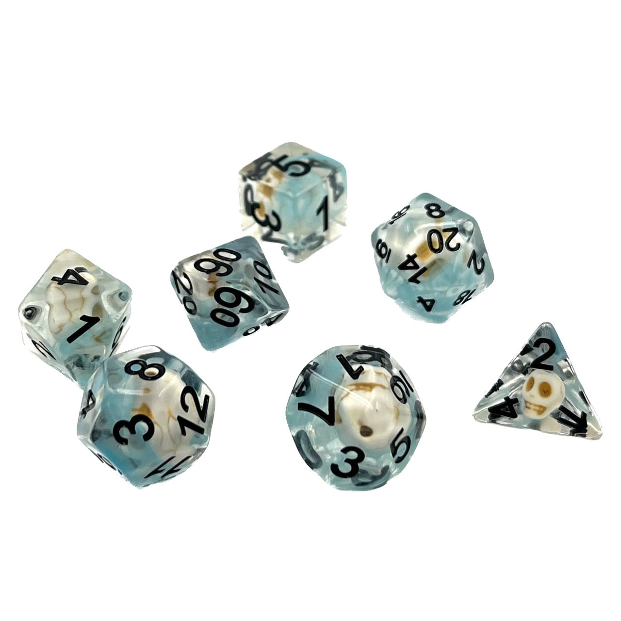7-teiliges RPG Würfelset Transparent: Nebula Blue Skull