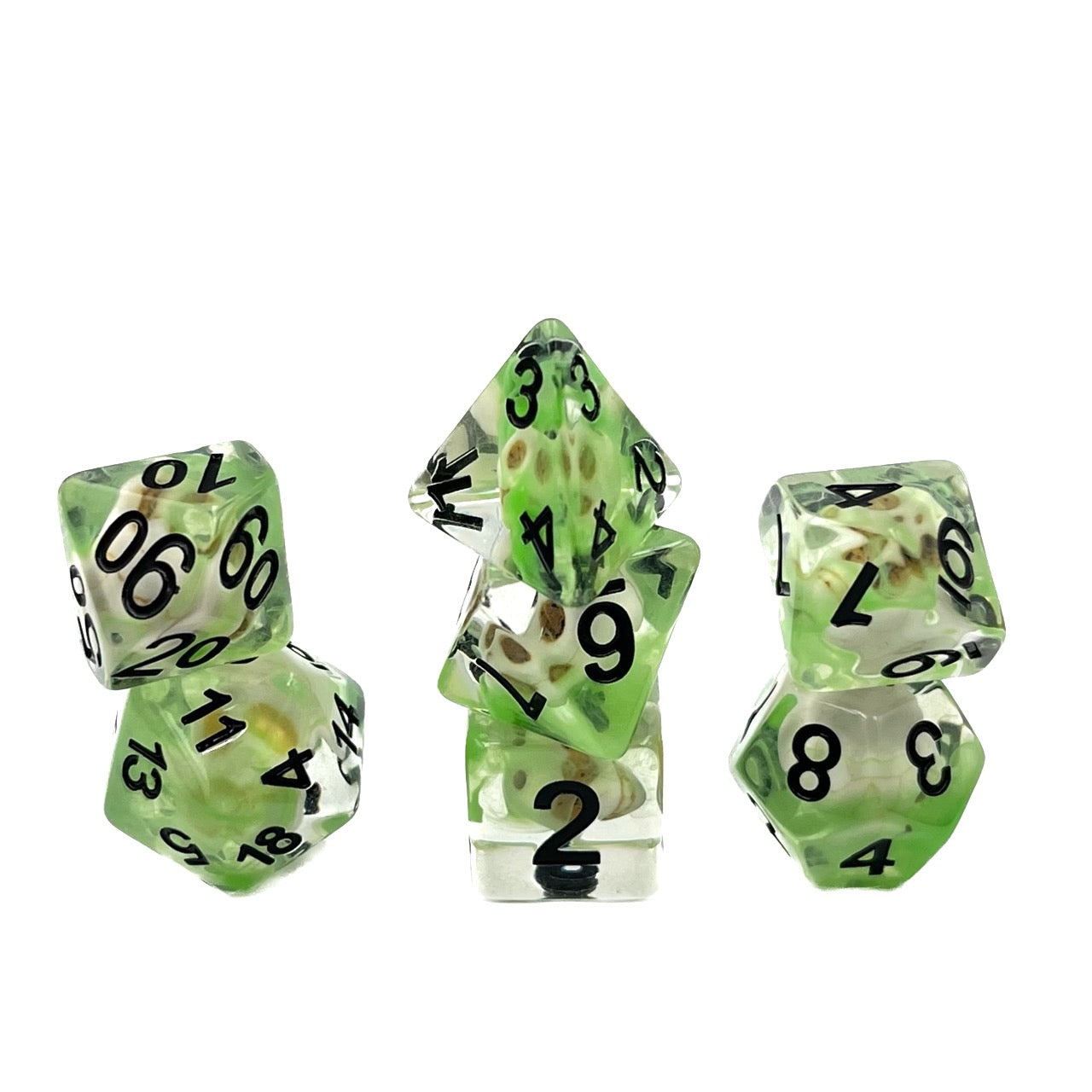 7-teiliges RPG Würfelset Transparent: Nebula Green Skull