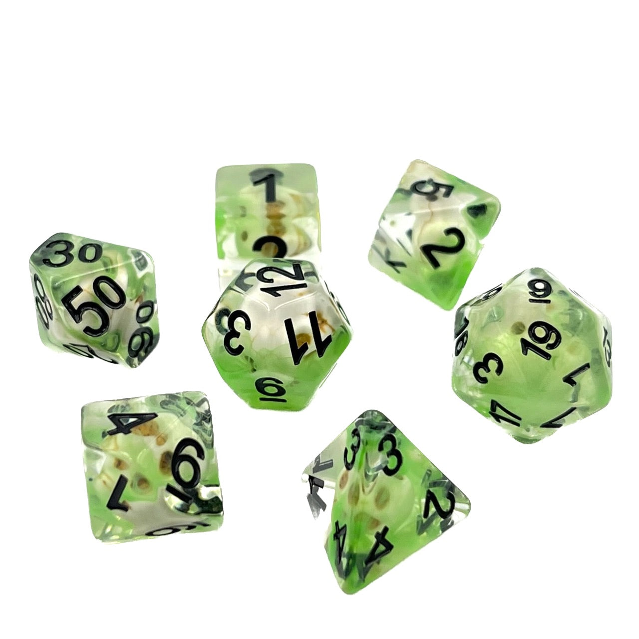 7-teiliges RPG Würfelset Transparent: Nebula Green Skull