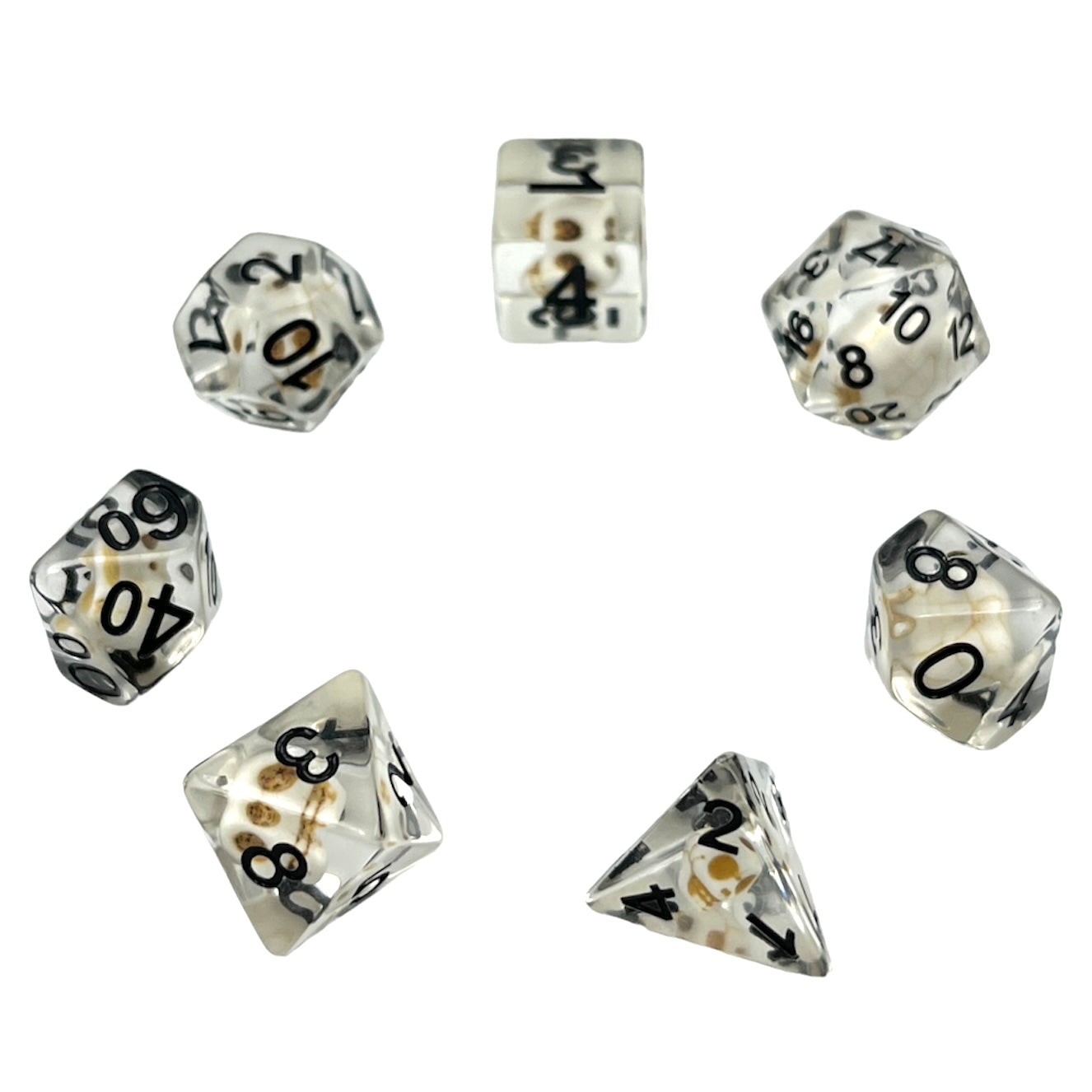 7-teiliges RPG Würfelset Transparent: Skull