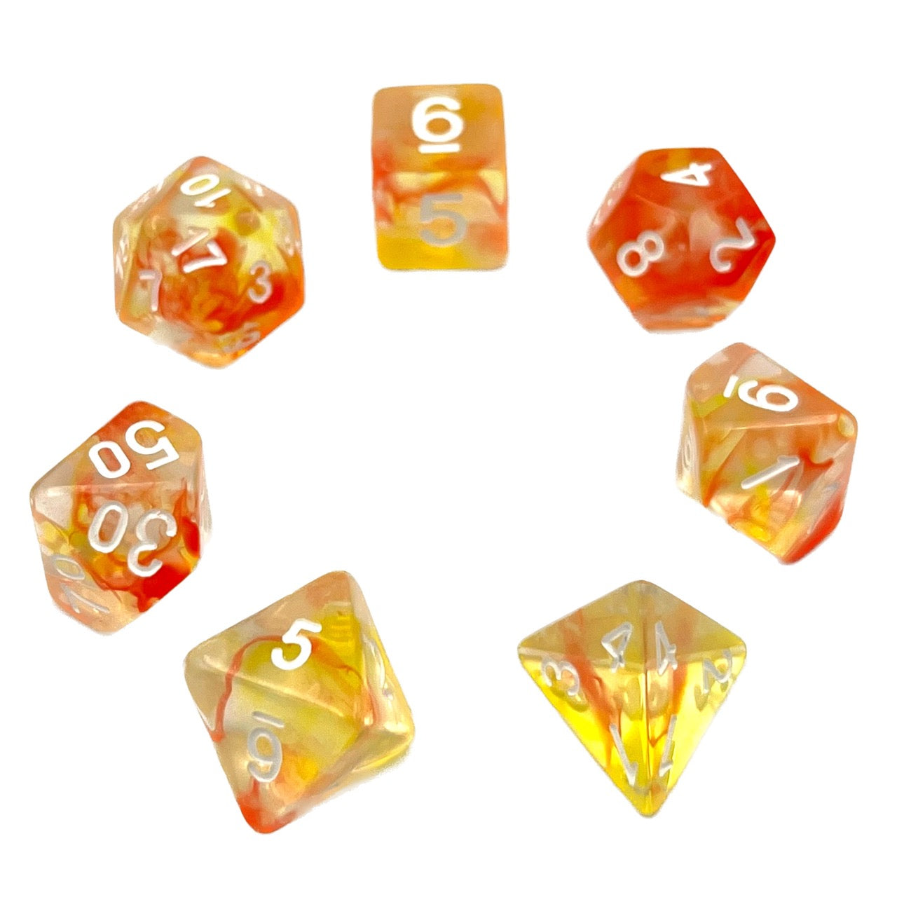 7-teiliges RPG Würfelset Transparent: Orange Swirl