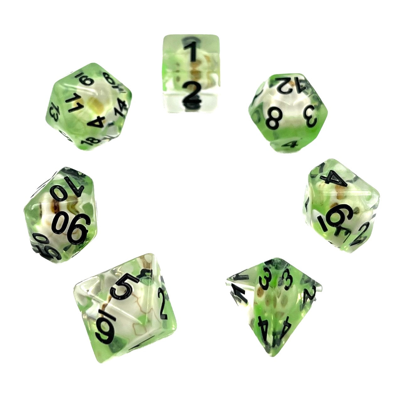 7-teiliges RPG Würfelset Transparent: Nebula Green Skull